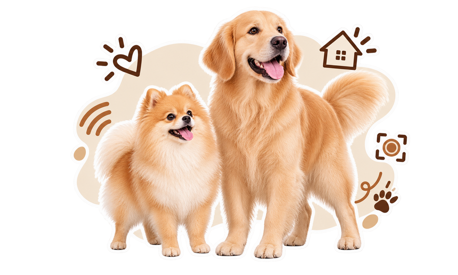 Ilustración de dos perros de pie, uno pequeño y otro grande, con garabatos de casa, corazón y cámara