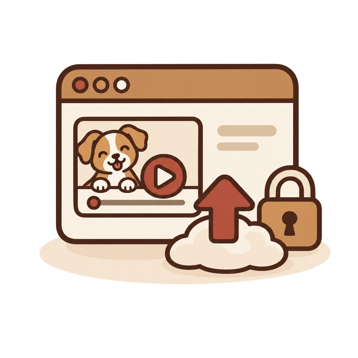 Ilustración de una ventana de navegador subiendo el vídeo del perro, con un candado