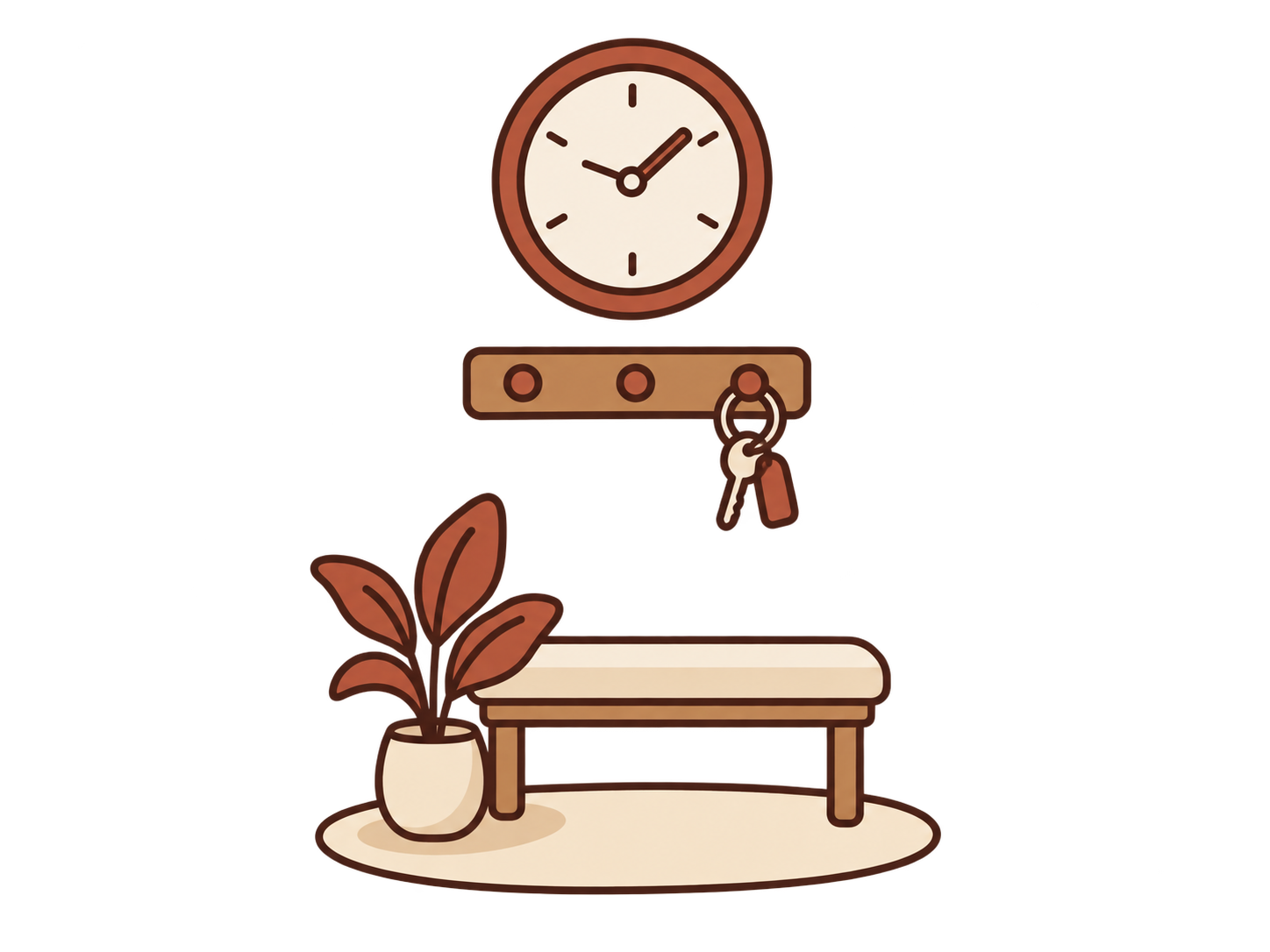 Ilustración de un reloj de pared sobre un recibidor vacío con percha, llaves y banco